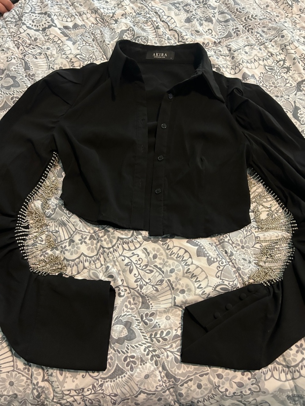 AKIRA Black Cropped Button-Up Blouse with Stone Side Embellishments